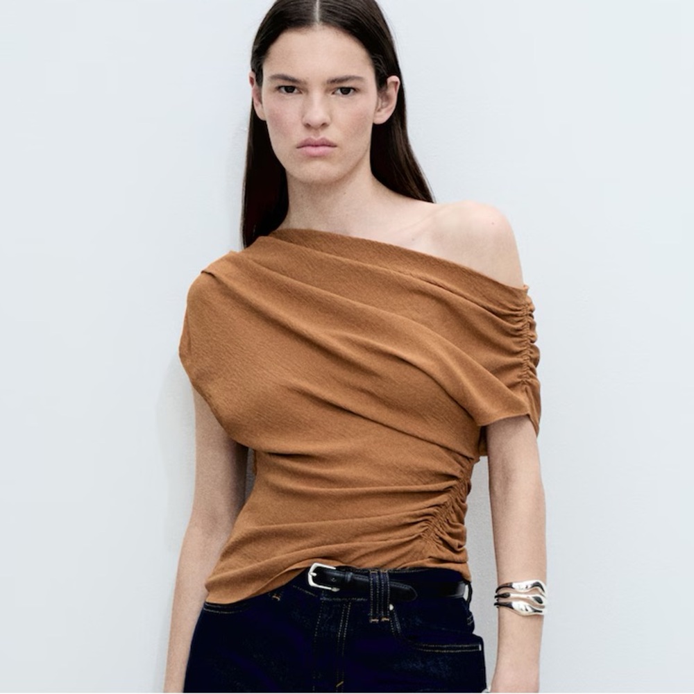 Brown Off-Shoulder Ruched Top